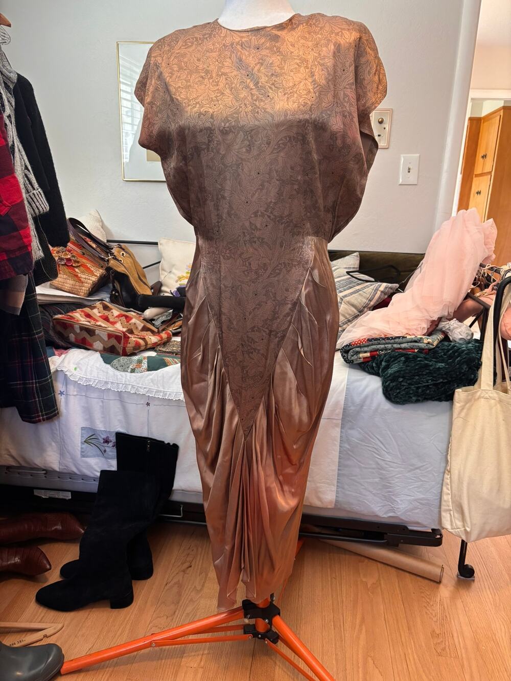 Vintage 80s/90s Bronze Satin Draped Maxi Dress Floral Goddess Gown
